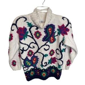 Vintage Izod Knitted by Hand Sweater Floral Pattern Ramie Medium